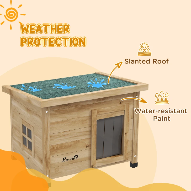 PawHut Drewniany domek dla kota na zewnątrz z zasłoną na drzwiach, Domek dla małych zwierząt z podwyższonym designem, do ogrodu, balkonu, żółty, 57 x 45 x 43 cm