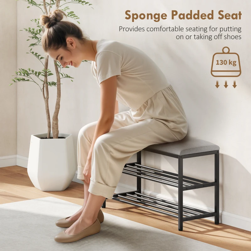 HOMCOM Ławka Obuwnicza z Siedziskiem, Ławka z Miejscem do Przechowywania, Regał na Buty z 2 Otwartymi Półkami, Ławka, Bank, Ławka do Przedpokoju dla Salonu, Korytarza, 81 x 31 x 50 cm Czarny