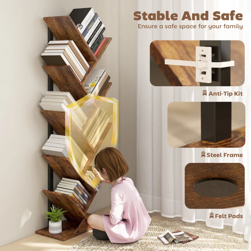 HOMCOM 9-Tier Tree Bookshelf, Industrial Free Standing Bookcase with Steel Frame, Display Storage Unit for Living Room Bedroom Home Office Study, Rustic Brown