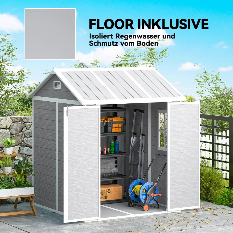 Outsunny 6 x 6ft Garden Shed, Plastic Shed with Floor, Window, Lockable Doors and Vents, Resin Tool Shed for Outdoor Patio, Grey