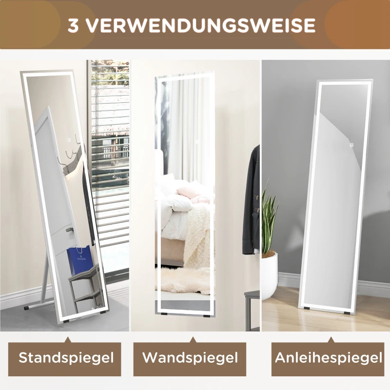 HOMCOM Full Length Mirror with LED Lights, 150x40cm Floor Mirror, Free Standing, Wall Mounted or Leaning, Full Size Body Mirror with Dimmable and 3 Colour Lighting for Bedroom, White