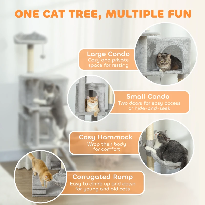 PawHut Drapak dla kota, 140 cm wysokości, z 2 jaskiniami, koszem, hamakiem, 2 piłkami, łóżkiem dla kota z wzorem kocim, drapakiem z słupkami z sizalu, pluszem, dla 1-3 kotów do 5 kg, jasnoszary