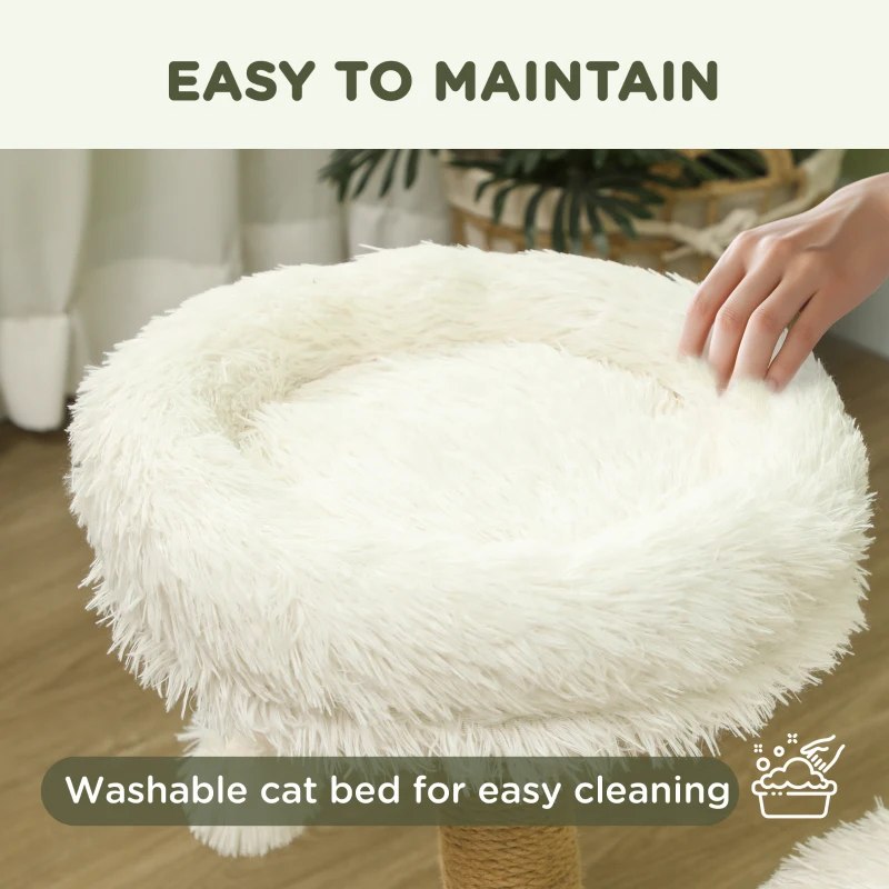 PawHut Cat Tree, 61.5cm Wooden Cat Tower with Washable Cat Bed, Scratching Post, Jumping Platform, Toy Ball, for Indoor Cats and Kittens, White