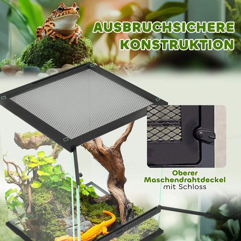PawHut Terrarium dla gadów z funkcją zabezpieczenia przed ucieczką, Wentylacja, 120L Terrarium szklane z zarządzaniem kablami, dla amfibii pająka, Metal, Czarny, 45 x 45 x 60 cm