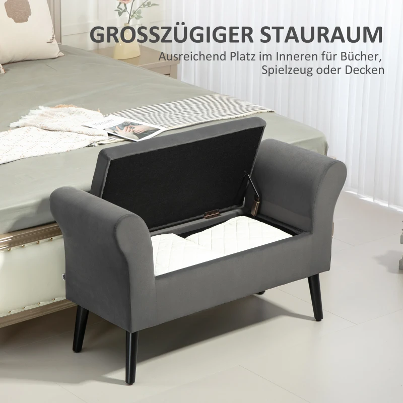 HOMCOM Ławeczka z miejscem na przechowywanie, składana pokrywa, miękka siedziska, aksamitny wygląd, 111,5x41x65 cm, Szara