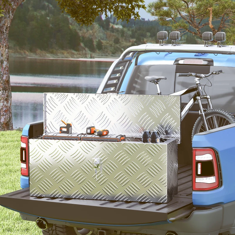 HOMCOM Skrzynka na narzędzia z aluminium z zamkiem i kluczami, Skrzynka na narzędzia do ciężarówki, Skrzynia do przechowywania dla przyczepy, 50 x 15,5 x 20,5 cm