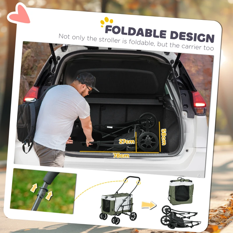 PawHut Wózek dla zwierząt domowych, składany, zdejmowany koszyk, 81 x 58 x 97,5 cm, Czarny+Ciemnozielony+Biały