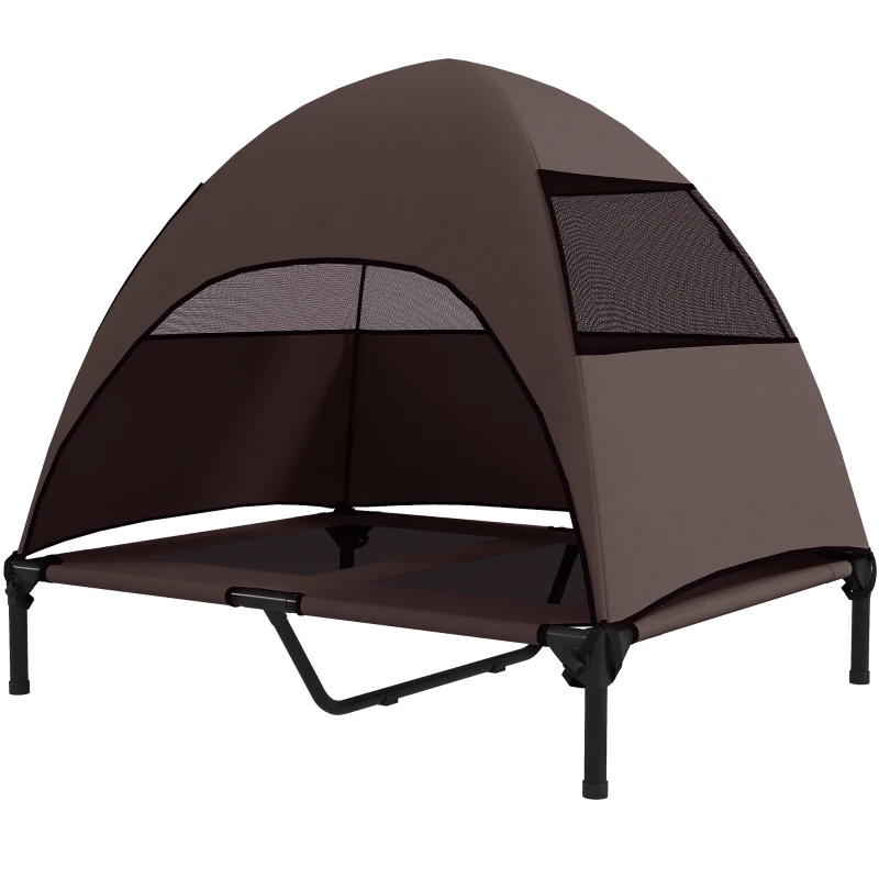 PawHut Elevated Dog Bed with Removable Canopy, Pet Bed with Storage Bag for Indoor Outdoor, for Medium Large Dogs, 91 x 76 x 90 cm, Coffee