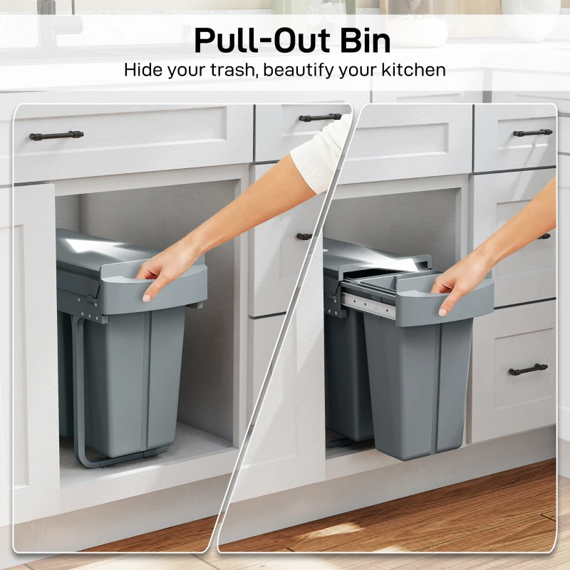 HOMCOM Kosz na śmieci 20L+10L Wysuwany, Wbudowany Kosz na Śmieci, Kosz na odpady do szafek z 2 wyjmowanymi pojemnikami, matowa pokrywa i uchwyt, Szary