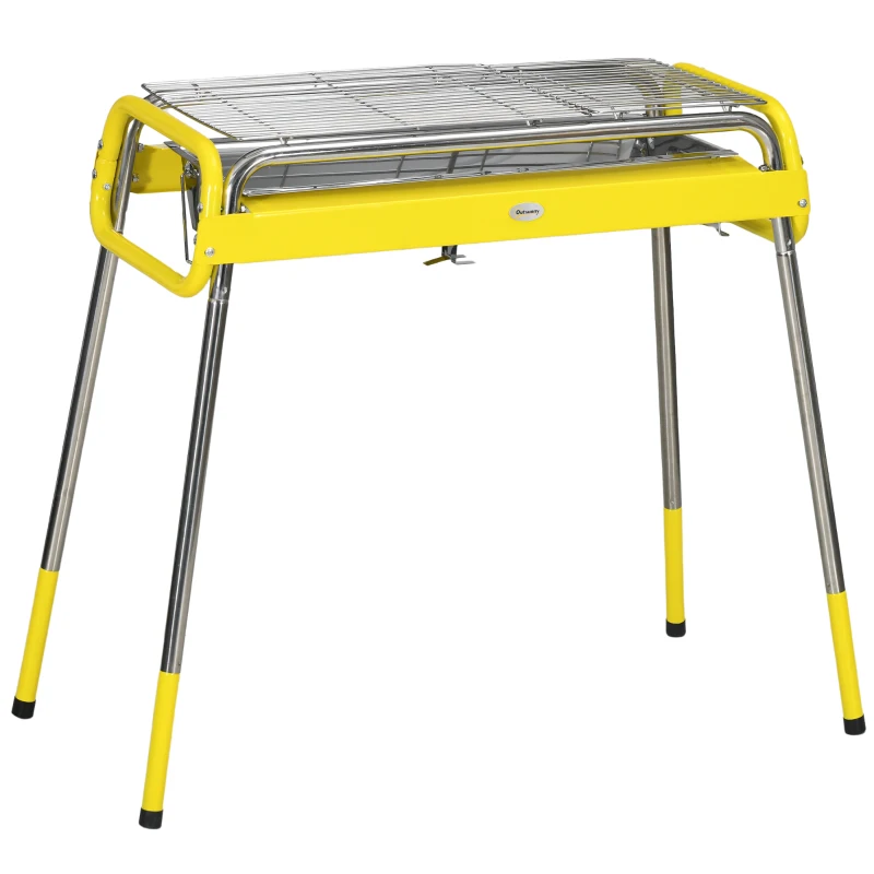 Outsunny Grill węglowy, Grill BBQ, Grill składany z 2 rusztami, płytą do grillowania, składane nogi, wysuwana tacka na węgiel, grill kempingowy, stal nierdzewna, 85 x 43 x 72 cm, Żółty