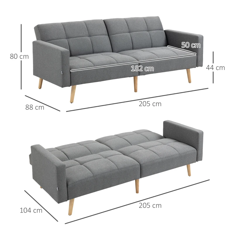 HOMCOM Sofa 2 w 1 z funkcją spania 205 x 88 cm, Kanapa z poduszkami, Wygląd lnu - Szara