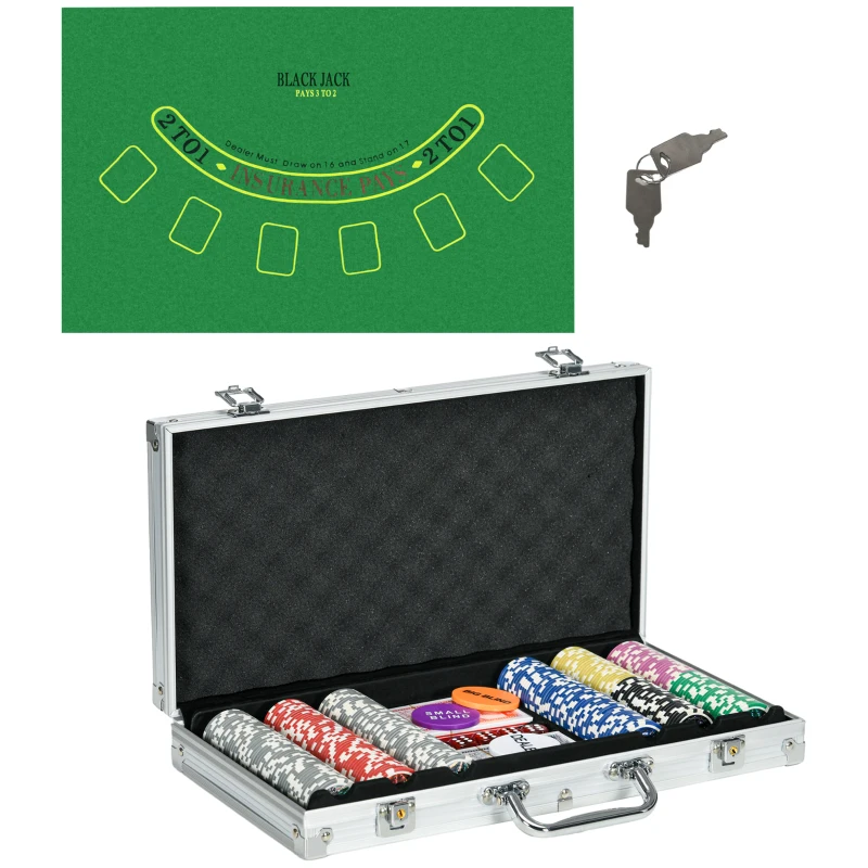 SPORTNOW 300PCS Poker Chips Set with Aluminium Case, Casino Texas Holdem Poker Set with Mat, 11.5g Numbered Poker Chips, 2 Decks of Playing Cards, Dealer, 5 Dices