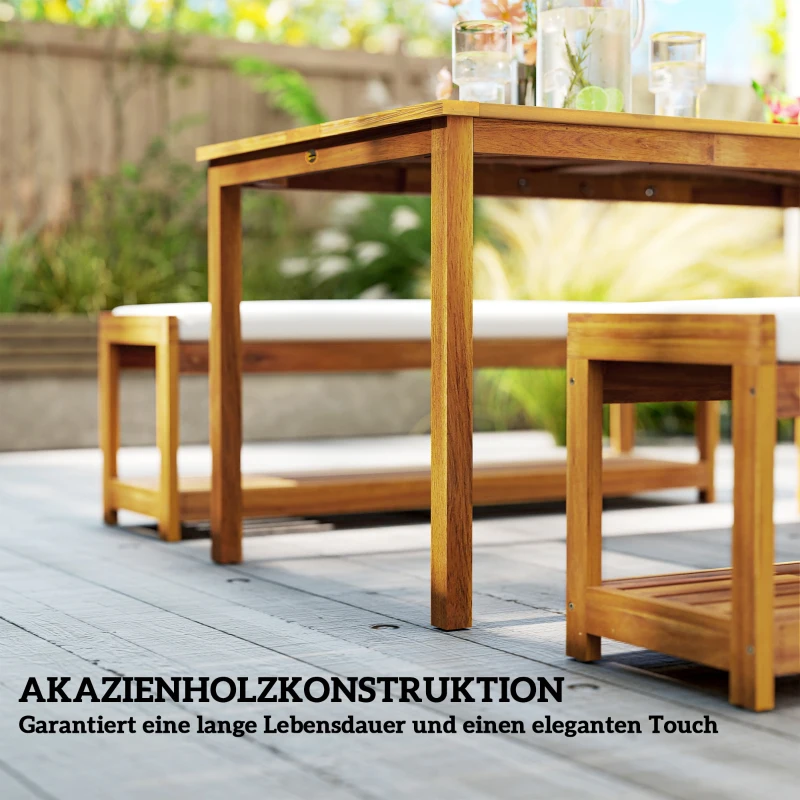 Outsunny 4 Seater Garden Furniture Set, 3 Pieces Garden Table and Benches with Cushions, Umbrella Hole, Outdoor Garden Dining Set with Slatted Top Table for Patio, Teak