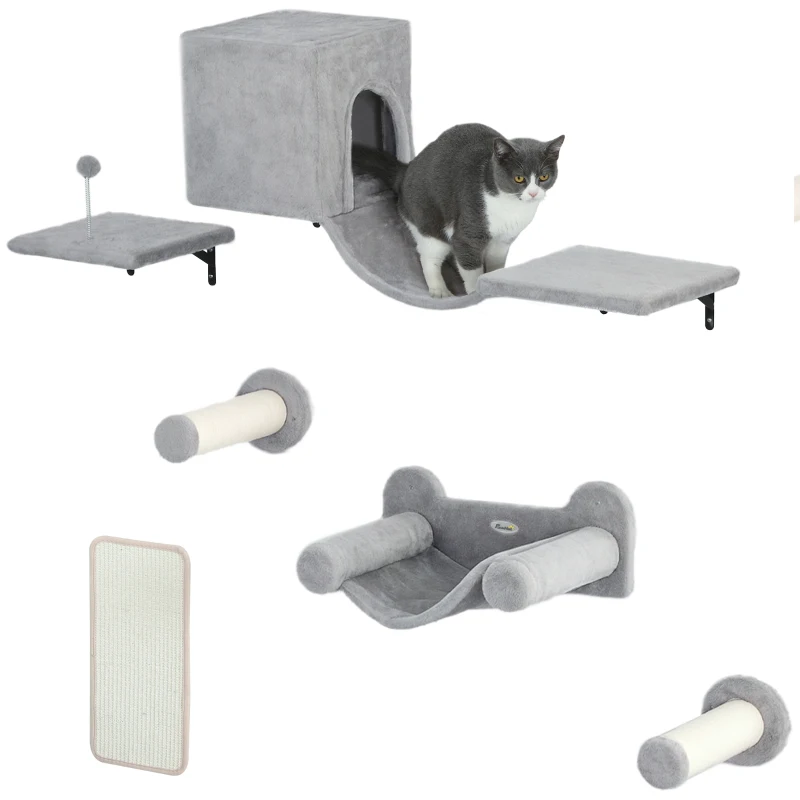 PawHut Cat Wall Shelves, 6 Piece Cat Shelf Set with Condo, Jumping Platform, Hammock, Steps, Perch, Sisal Scratching Board, Toy Ball, Kitty Playground Activity Centre, Grey