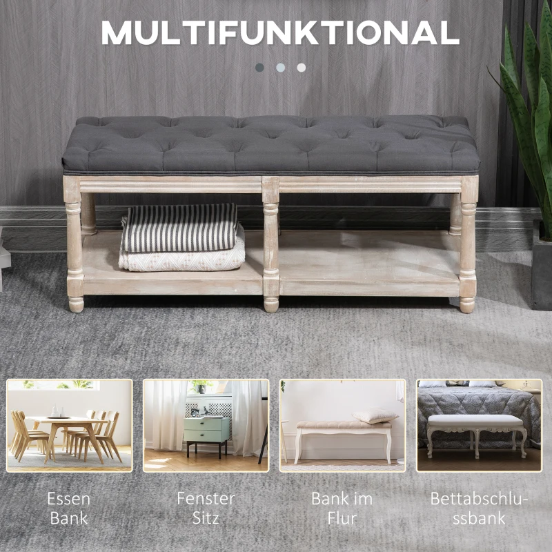 HOMCOM Ławka na Buty z Siedziskiem, Schowek na Buty z Przestrzenią do Przechowywania, Ławka Tapicerowana z Drewnianymi Nogami, Wygląd Lnu, do Salonu, Korytarza, Szara, 115 x 40 x 48 cm