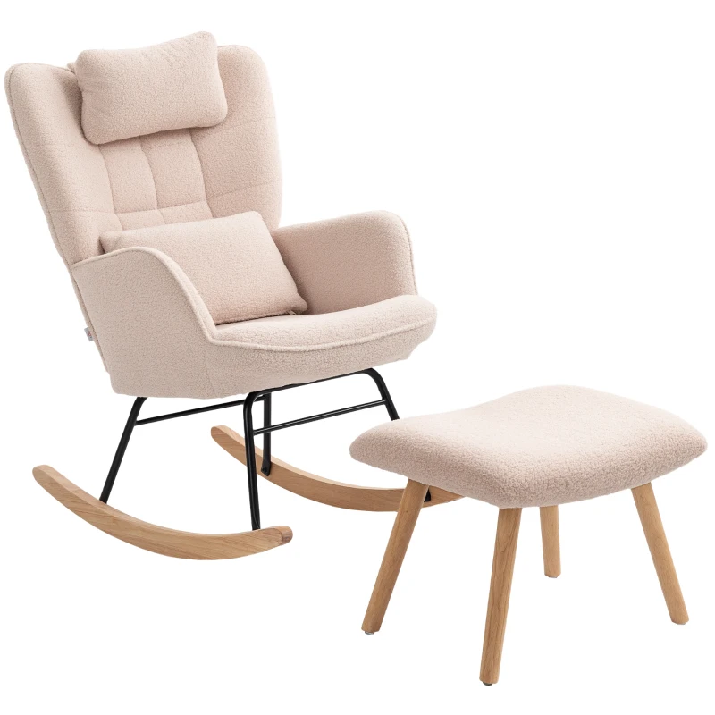 HOMCOM Rocking Chair with Footstool, Sherpa Fleece Armchair with Wooden Legs and Pillow, High Backrest Lounge Chair for Adults, Nursery, Living Room, Bedroom, Beige