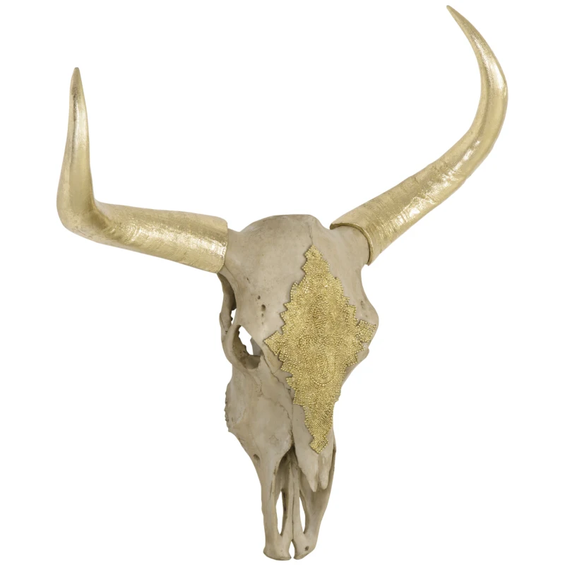 HOMCOM Dekoracja Ścienna Czaszka Byka z Tworzywa Sztucznego Dekoracja Stołowa Byk Czaszka Głowa Byka Czaszka Styl Modernistyczny do Sypialni Salonu z Liśćmi Złota 70 x 17 x 83 cm