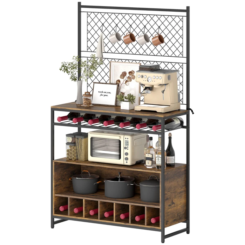 HOMCOM Kitchen Bakers Rack with Wine Storage, 96.5 cm Microwave Stand with Metal Wire Panels and 5 Hooks, Coffee Bar Station, Kitchen Storage Shelf for Spices, Pots and Pans, Rustic Brown