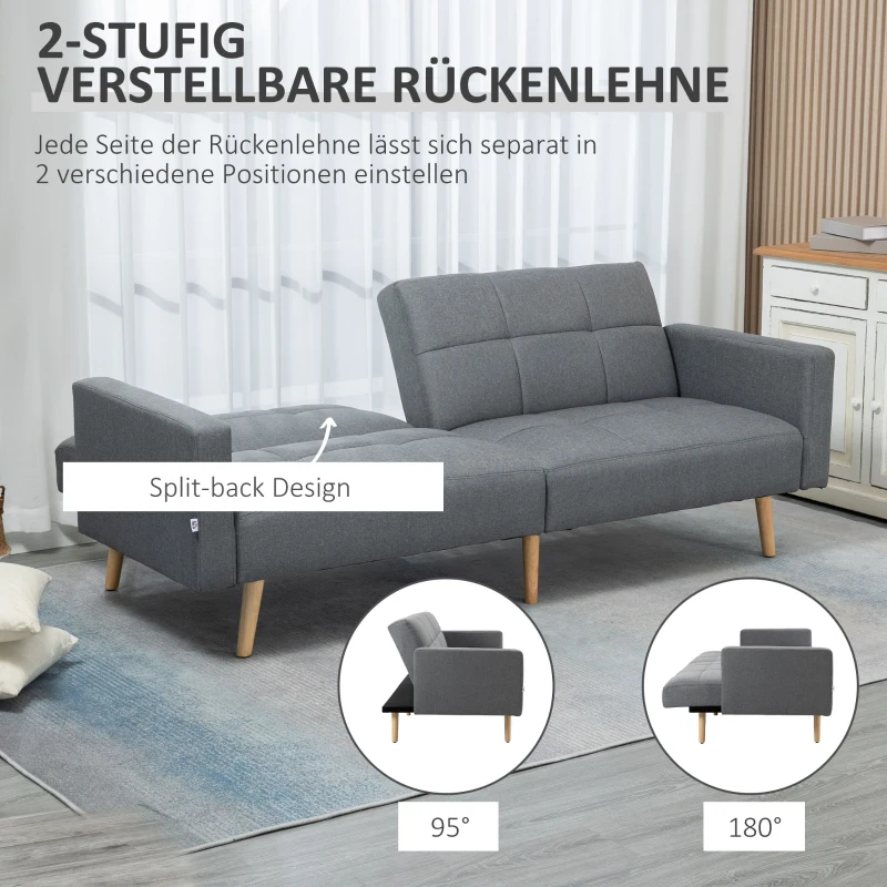 HOMCOM Sofa 2 w 1 z funkcją spania 205 x 88 cm, Kanapa z poduszkami, Wygląd lnu - Szara