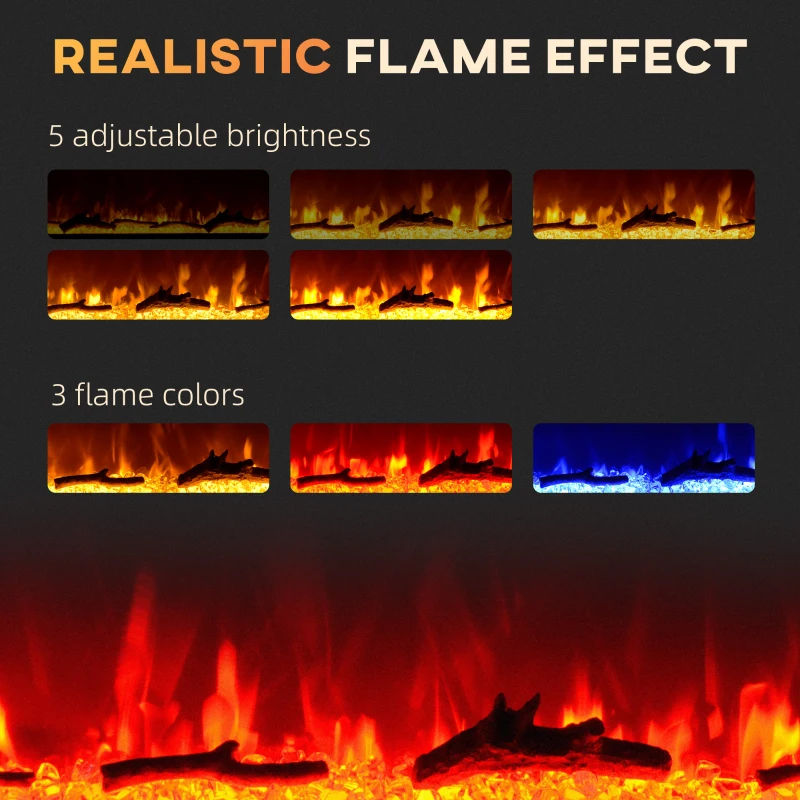 Elektryczny kominek HOMCOM, ścienny kominek z ogrzewaniem 1800 W, efekt płomienia LED 3D, kryształy, w 3 kolorach z 5 poziomami jasności, elektryczny kominek z pilotem, timerem, ekranem dotykowym, montaż ścienny, czarny