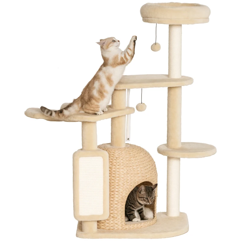 PawHut 44" Cat Tree, Cat Tower for Indoor Cats with Sisal Scratching Posts, Cat Condo, Hammock, Cat Bed, Platforms, Toy Balls, Cat Activity Centre, Beige