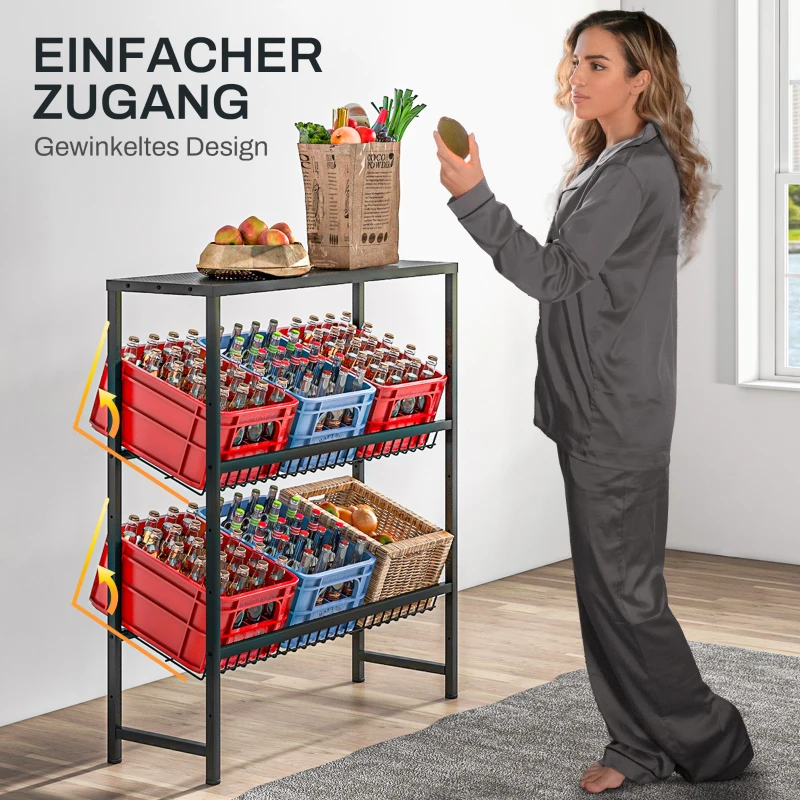 HOMCOM Drink Crate Rack for 6 Boxes, Black Steel, Freestanding Bottle Crate Stand, Drink Shelf, Height Adjustable, 103L x 33W x 113.5Hcm