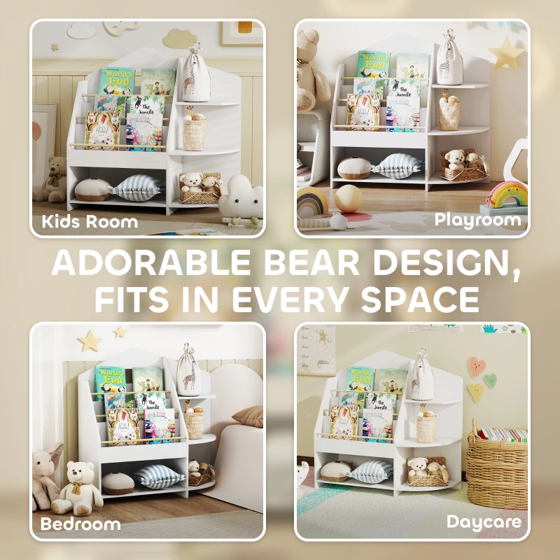 AIYAPLAY Regał dla dzieci z 4 otwartymi przegrodami i 3 półkami, Regał na zabawki i książki, Biały, 80x30x79,7 cm