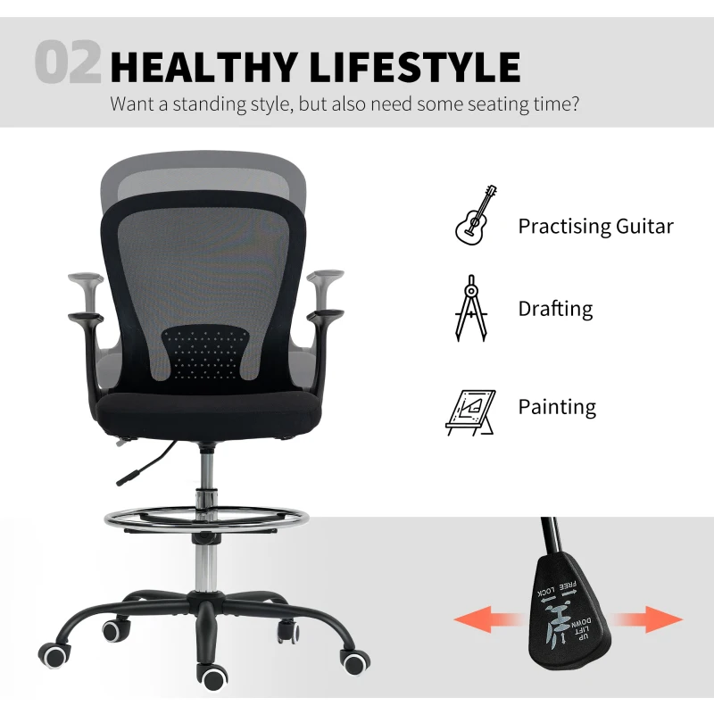 HOMCOM Krzesło biurowe z regulowanym pierścieniem na nogi, wsparcie lędźwiowe, regulowane krzesło obrotowe z wysuwanymi podłokietnikami, krzesło z siatką, Czarne