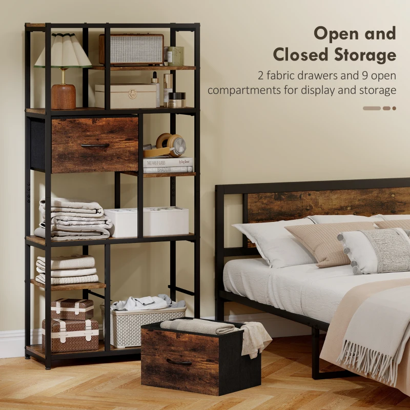 HOMCOM Regał z 2 szufladami z tkaniny i 9 otwartymi przegródkami, industrialny regał kuchenny ze stalową ramą, regał do przechowywania do biura, salonu, sypialni, 72,5x30x150 cm, Rustykalny Brąz