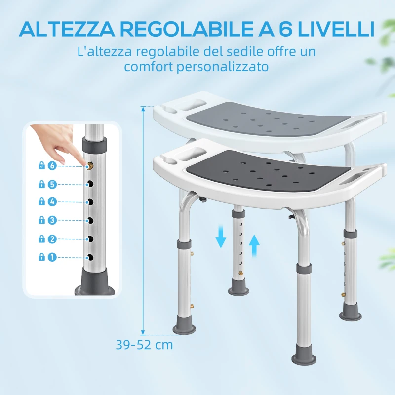 HOMCOM Sgabello da Doccia in Lega di Alluminio e Plastica Antiscivolo, Altezza Regolabile 6 Livelli 39-52cm, Grigio