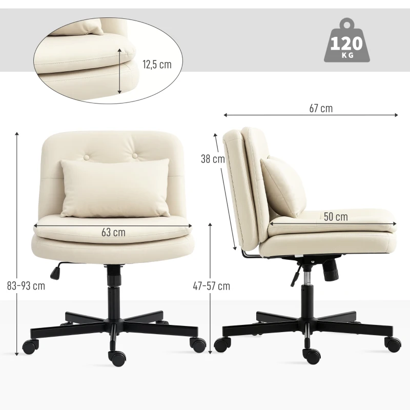 HOMCOM Armless Office Chair, PU Leather Criss Cross Legged Desk Chair with Wide Seat, Double-Tier Padding, Throw Pillow and Tilt Function, Height Adjustable Swivel Computer Seat for Home, Beige