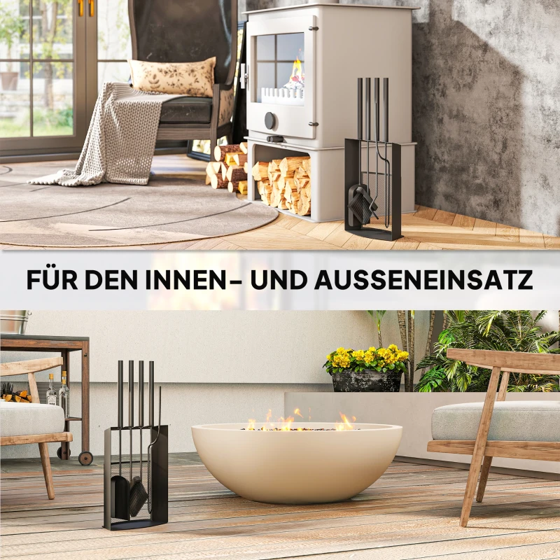 Zestaw narzędzi kominkowych Outsunny 5-częściowy, akcesoria kominkowe z miotłą, łopatką, pogrzebaczem, szczypcami i stojakiem, zestaw kominkowy, metal, czarny