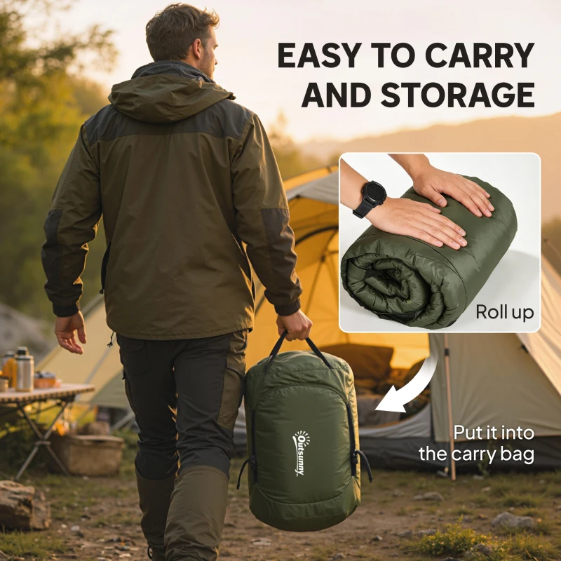 Outsunny Śpiwór kocowy do kempingu 3-4 pory roku dla dorosłych, składany, z torbą transportową, Małe wymiary pakowania, Śpiwór outdoor, Taft, Zielony