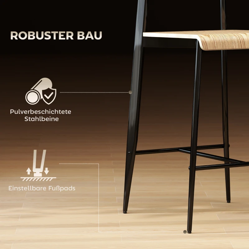 HOMCOM Zestaw 2 Stołków Barowych, Stołek z Podnóżkiem, Metalowa Rama, Stołek Kuchenny o Wysokości Siedzenia 66 cm, Łatwy Montaż, Design Industrialny Drewno Naturalne+Czarny
