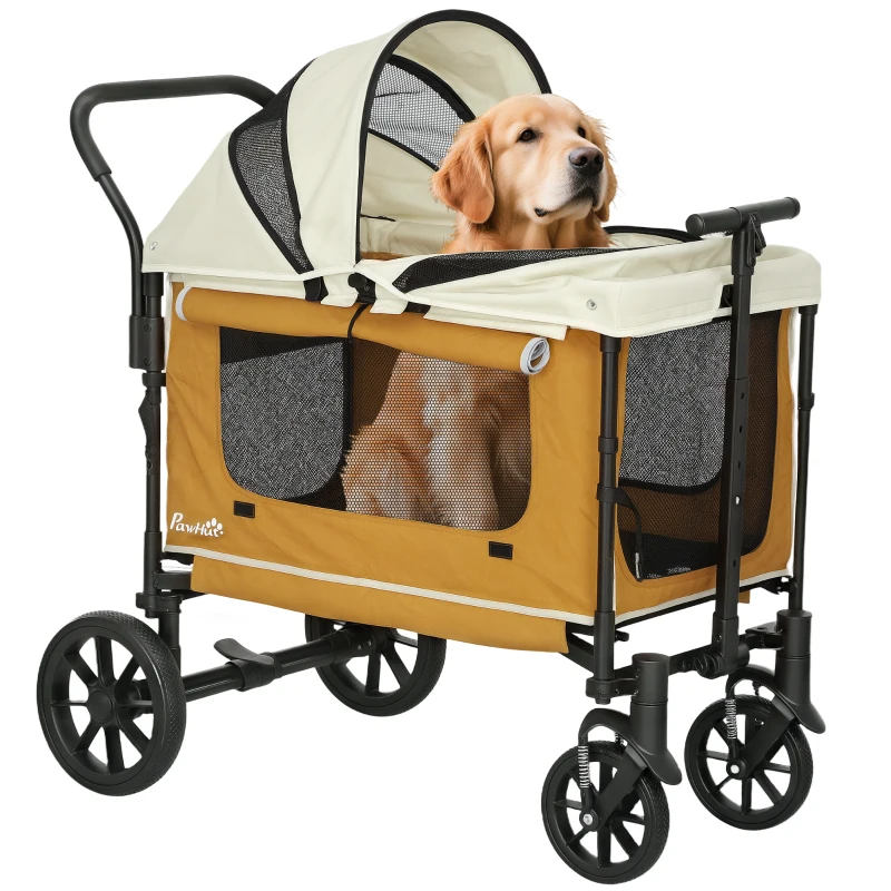PawHut Dog Stroller, Puppy Buggy Cargo Trailer with Removable Adjustable Canopy, Storage Bag, Washable Cushion, Safety Leashes, Folding Pet Stroller for Large Dogs, Brown