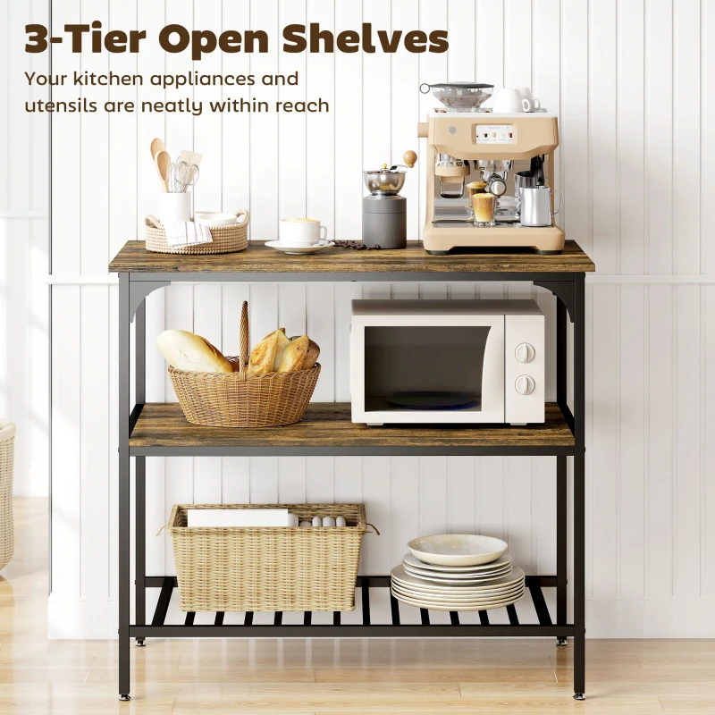 HOMCOM Regał kuchenny, 3-poziomowy stojak z dużym blatem roboczym, Industrialny regał na pieczywo ze stalowym ramieniem, do jadalni, kuchni, salonu, 100 x 50 x 90 cm, Rustykalny brąz + czarny