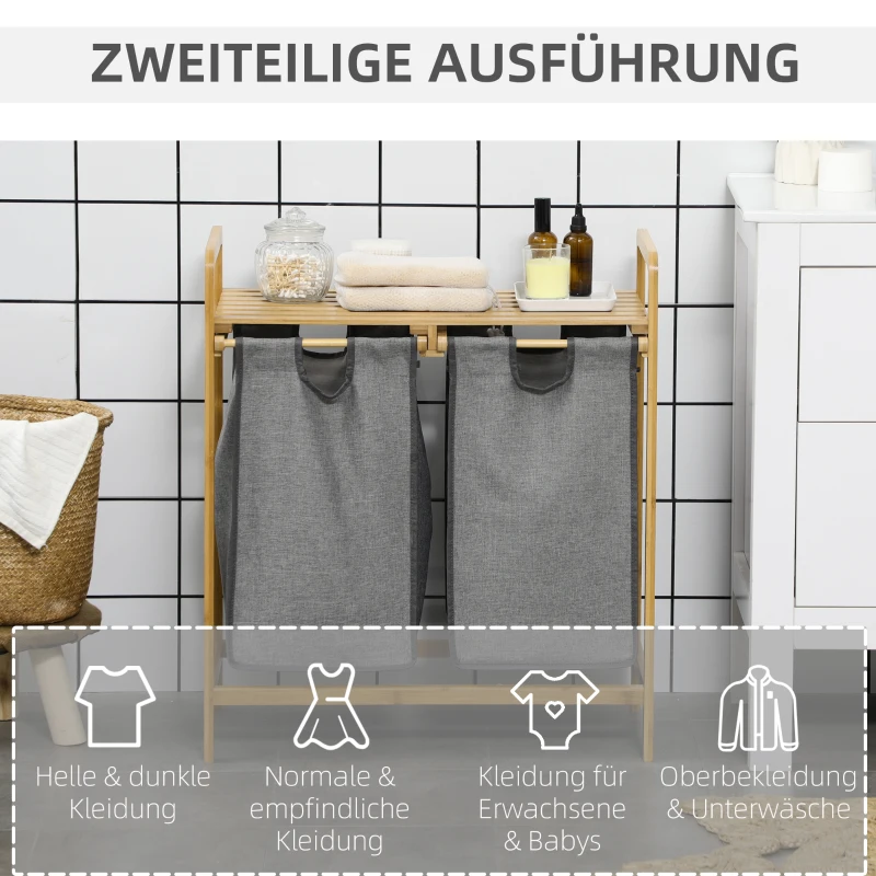HOMCOM Wäschekorb Wäschebox mit 2 abnehmbaren Wäschesacke Wäschesammler mit Plattform Wäschesortierer für Badezimmer Bambus Szary 63,5 x 33 x 73 cm