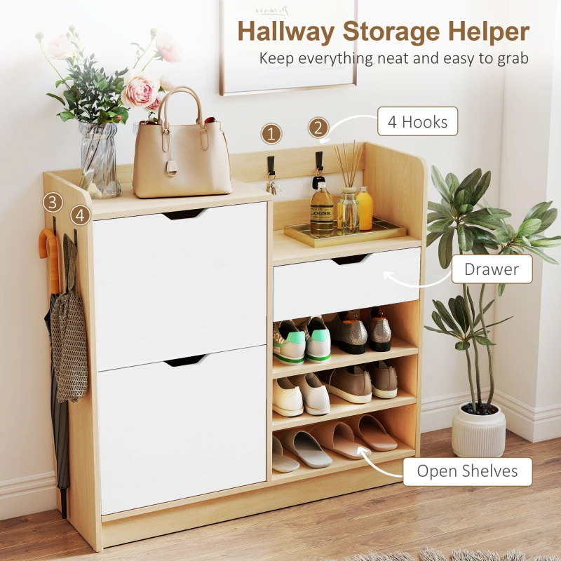 HOMCOM Narrow Shoe Cabinet with 2 Flip Drawers, Modern Slim Shoe Storage Cabinet with 5 Open Shelves, Storage Drawer and 4 Hooks for Hallway, Entryway, Holds 14 Pairs, Natural