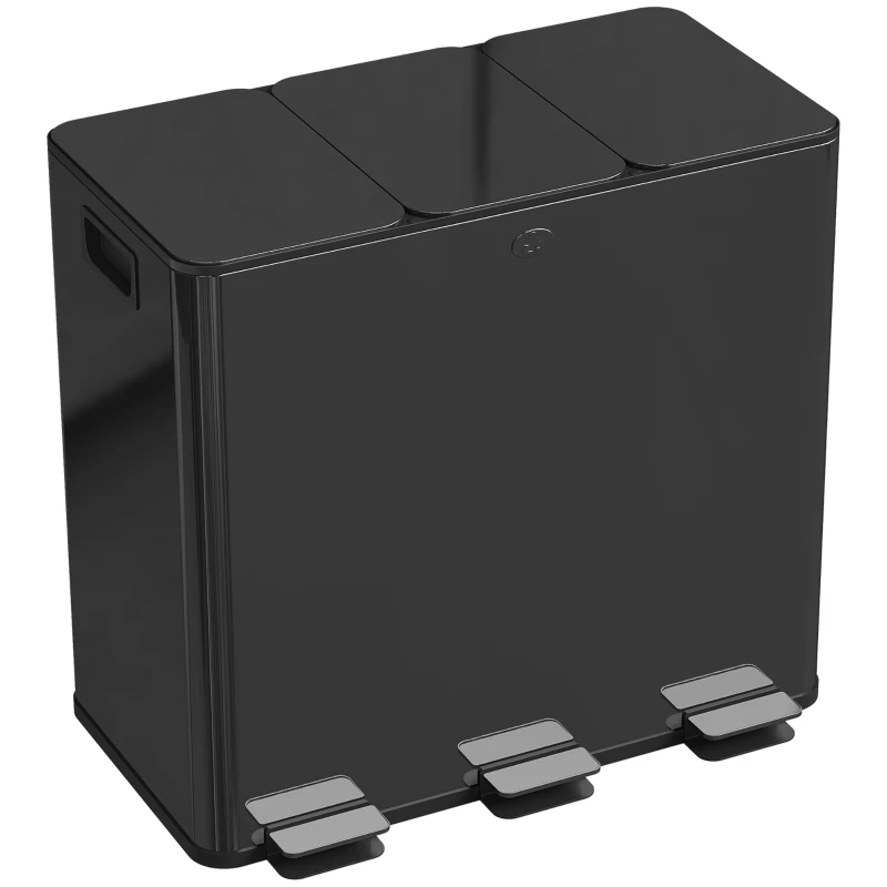 HOMCOM Kosz na śmieci 3 x 20L ze stali nierdzewnej z systemem segregacji, pokrywy Softclose i wyjmowanymi wiadrami, kosz z przegródkami na odświeżacze powietrza, do salonu, biura, matowy czarny