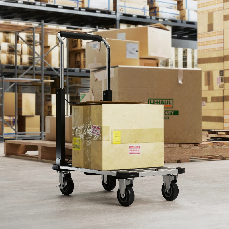 HOMCOM Wózek platformowy transportowy składany, 150 kg, ręczny wózek z hamulcem postojowym, rozsuwaną platformą i regulowanym uchwytem, pomoc transportowa z kółkami kierowanymi, wózek pakowy, srebrny