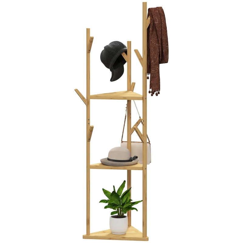 Stojak na ubrania, 8 haków, 3 poziomy na kapelusze, naturalny