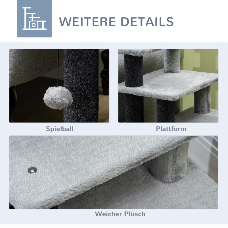 Schody dla zwierząt domowych 3/4-stopniowe schody dla kota z legowiskiem do spania i wiszącą piłką dla psa rampa dla psa schody dla zwierząt płyta wiórowa pluszowy czarny+szary 60 x 40 x 66 cm