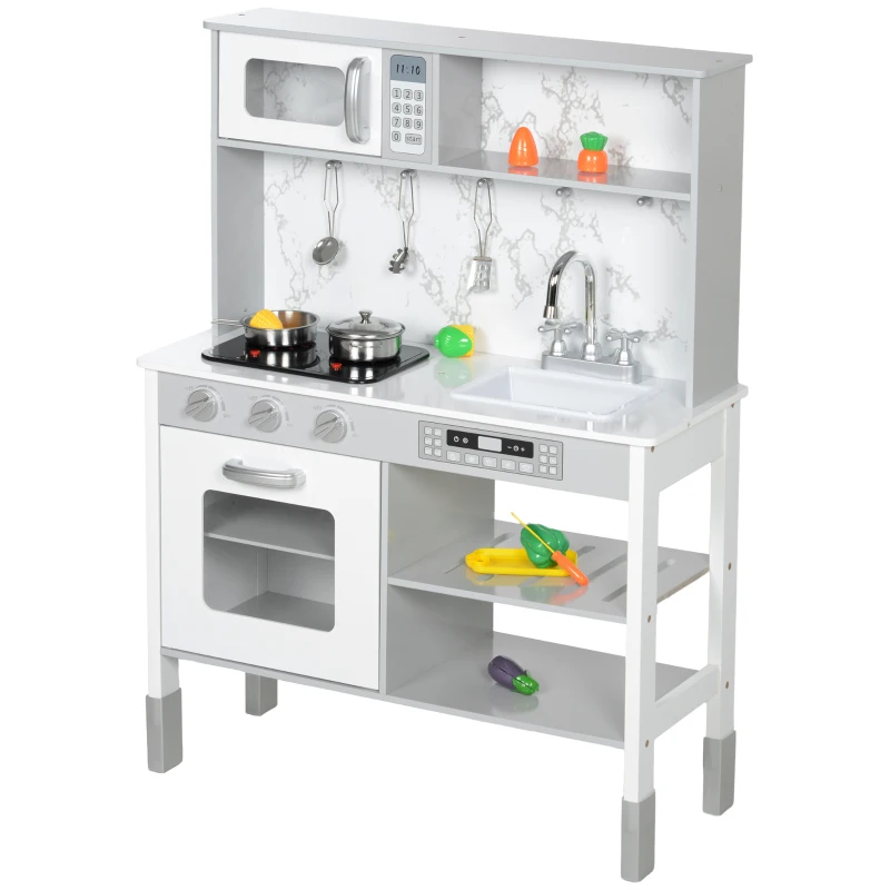 AIYAPLAY Kids Kitchen Playset with Electric Stove, 6 Cuttable Food Set, Microwave, Adjustable Height Kitchen for Kids with Storage, White