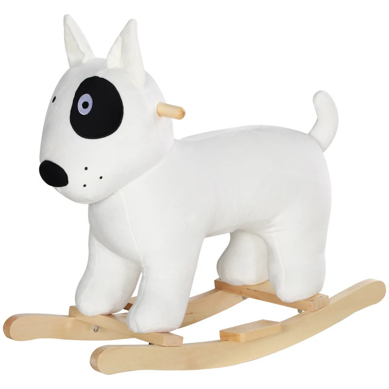 AIYAPLAY Rocking Horse, Animal Rocker Plush Ride on Dog with Barking, Wooden Base, for 2-4 Years Old, White