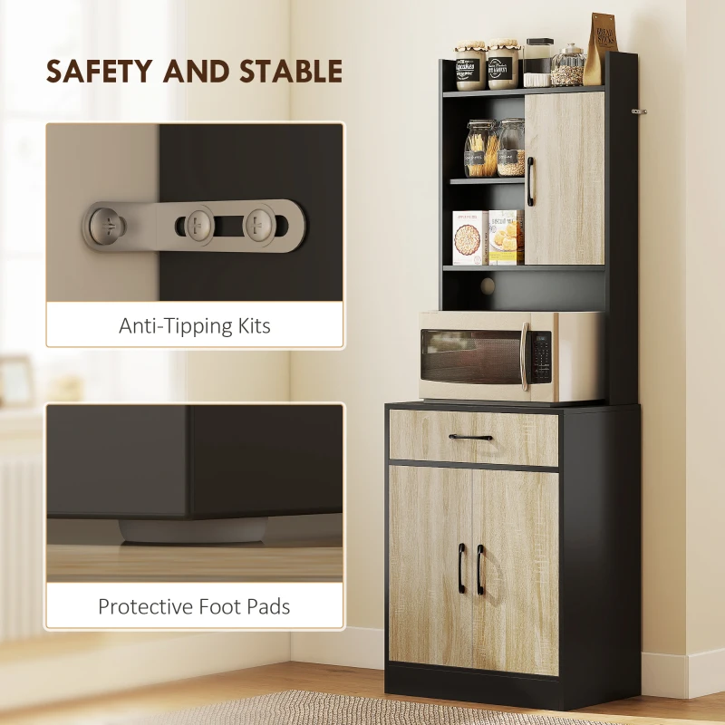 HOMCOM Szafka kuchenna wysoka z 3 drzwiami, szufladą, witryną z 3 otwartymi półkami, półką na mikrofalówkę, otworem na kable, szafka na zapasy do kuchni, salonu, czarna