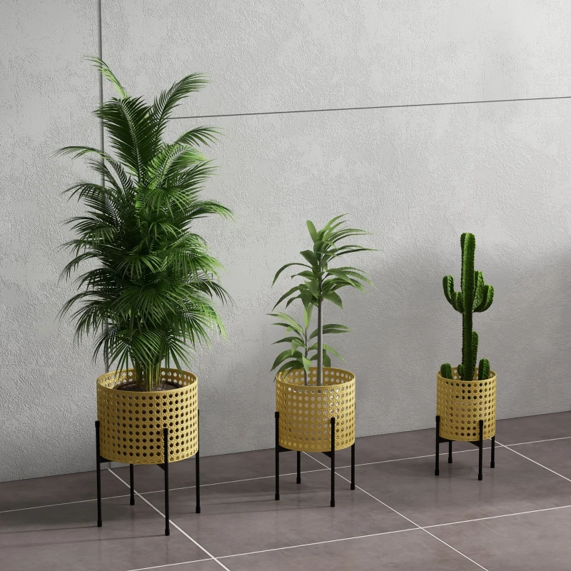Zestaw 3 stojaków na rośliny, stal złota, rattanowy wygląd