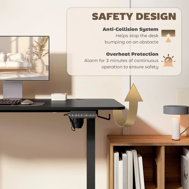 Biurko regulowane Vinsetto 140 x 70 cm Elektryczne, Ergonomiczne biurko stoi-siedzi z haczykami, Ochroną przed kolizją, Czarne
