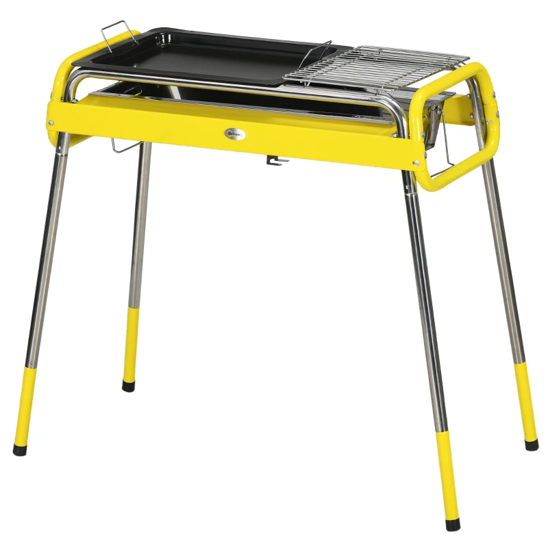 Outsunny Grill węglowy, Grill BBQ, Grill składany z 2 rusztami, płytą do grillowania, składane nogi, wysuwana tacka na węgiel, grill kempingowy, stal nierdzewna, 85 x 43 x 72 cm, Żółty