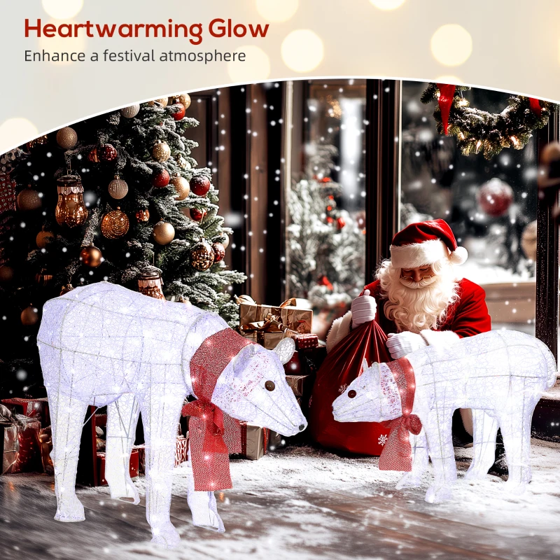 Dekoracja świąteczna Outsunny z rodziny niedźwiedzi polarnych, matka i młode, z timerem, 140 białych diod LED, oświetlenie świąteczne do wnętrza i na zewnątrz