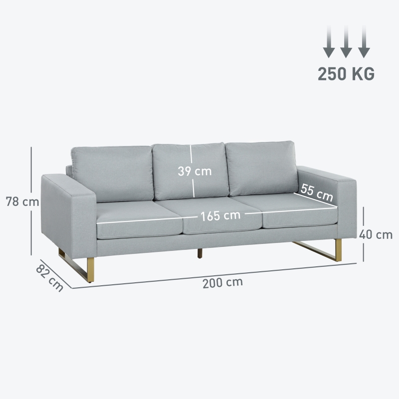 HOMCOM Sofa tapicerowana 3 osobowa sofa tkanina Sofa Meble do siedzenia TV Poduszka na krzesło podłokietnik len ciemnoszary 200 x 82 x 78 cm